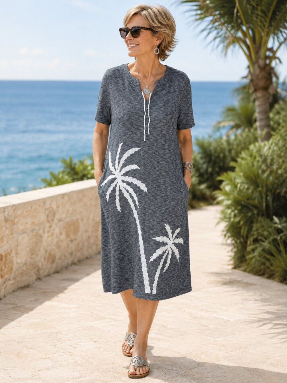 Chico's Tunic Graphic Cotton Blend Midi Dress Size 2 (US8)